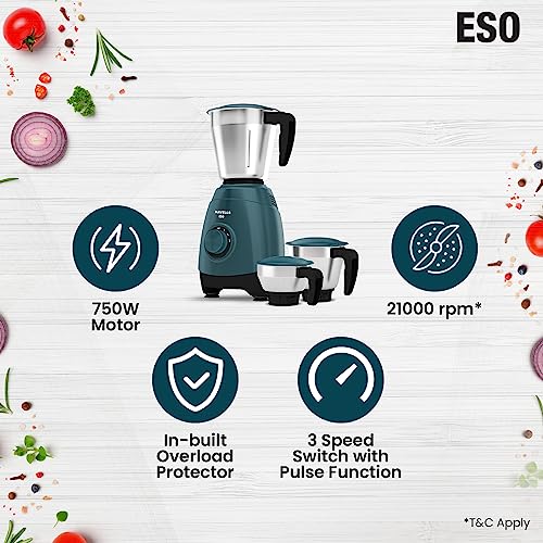 Havells ESO 750 watts 3 JAR Mixer Grinder, 304 SS Blades, High Speed 21000 RPM motor, Heavy and Wider mouth SS Jars, All Jars with Handle, 2 Year Product & 5 Year Motor Warranty (Teal) | ABS - Image 6