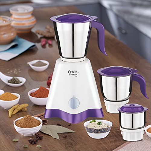 Preethi Crown Pro MG-254 Mixer grinder, 600 watt, White/Purple, 3 Jars with 5yr Motor Warranty & Lifelong Free Service - Image 3