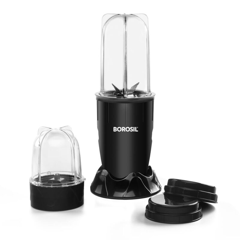 Borosil NutriFresh Portable Mini-Blender & Grinder, 500 ml Blending Jar, 300 ml Chutney Jar, For Blending Smoothies & Chutneys, Dry Grinding Spices, Black, 400 W