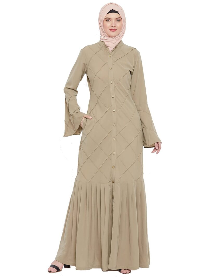 Momin Libas Beige Polyester Front Open Abaya Burqa with Pleated Work