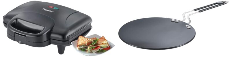 Prestige PGMFD 01 800W Sandwich Maker (Black) & Prestige Hard Anodised Aluminium Plus Cookware Induction Base Roti Tawa, 22.5cm, Black