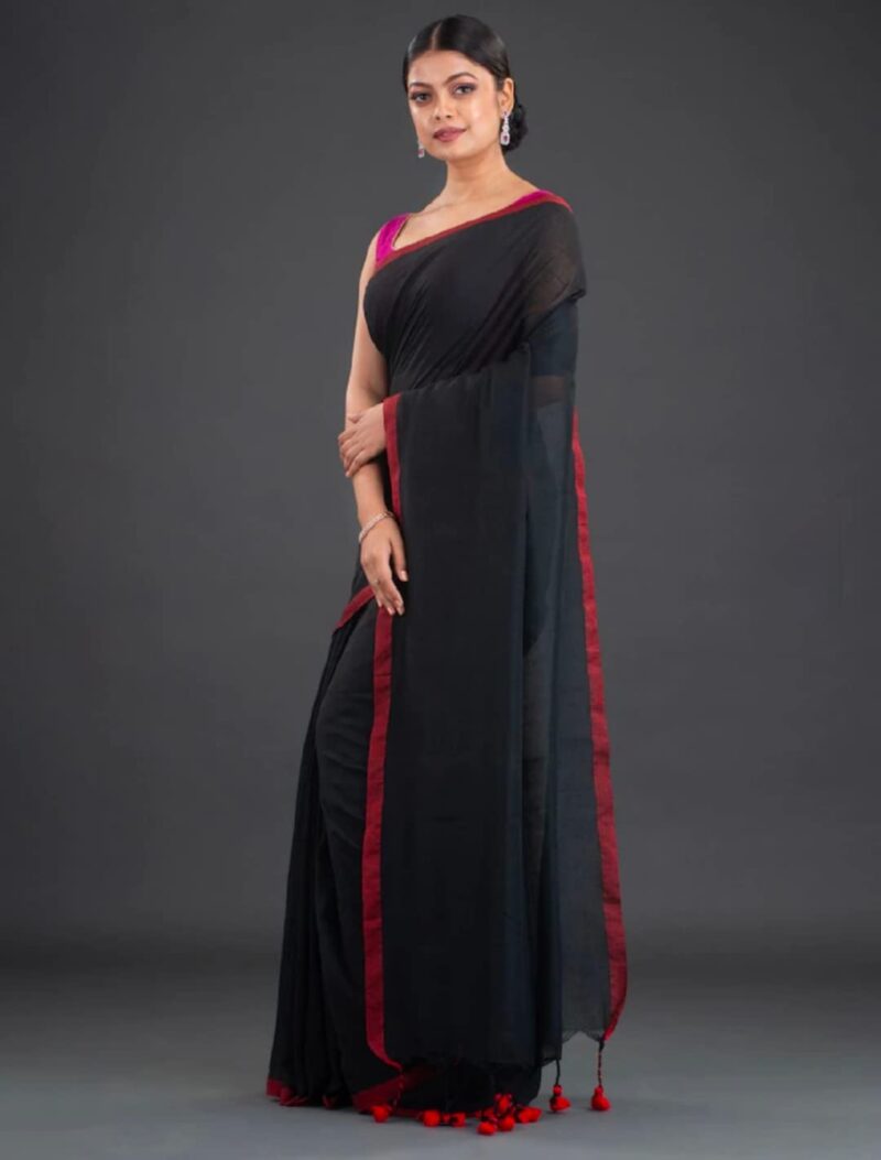 OISHANI SAREE GHOR Women's Traditional Bengal Cotton Handloom Black Saree, (OSG_Black_138) - Image 2
