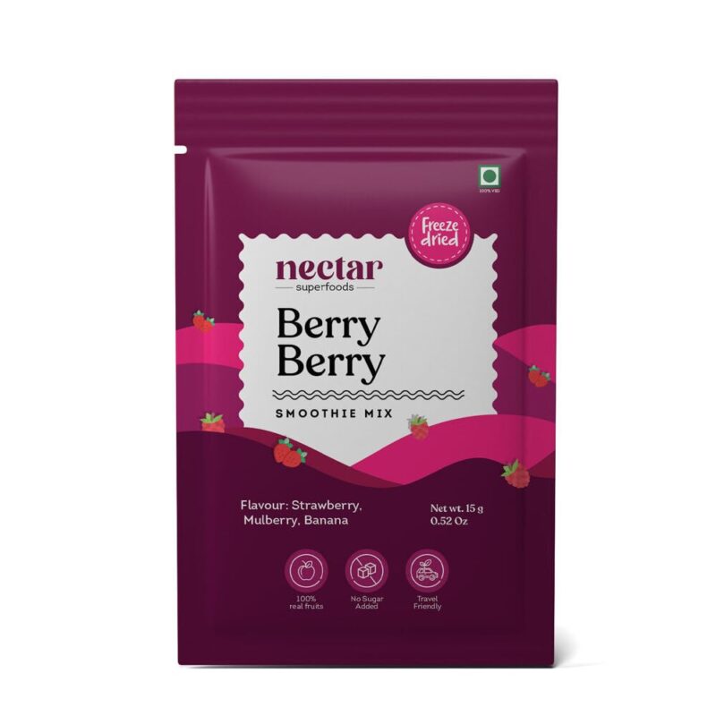Nectar Superfoods Berry Berry Smoothie Powder - Added 100% Natural Fruit, Strawberry, Mulberry, Banana Original Fruit Test, Healthy Ingredients for Nutritious Smoothies, Vegan and Convenient - (15gm Sachet Pack)