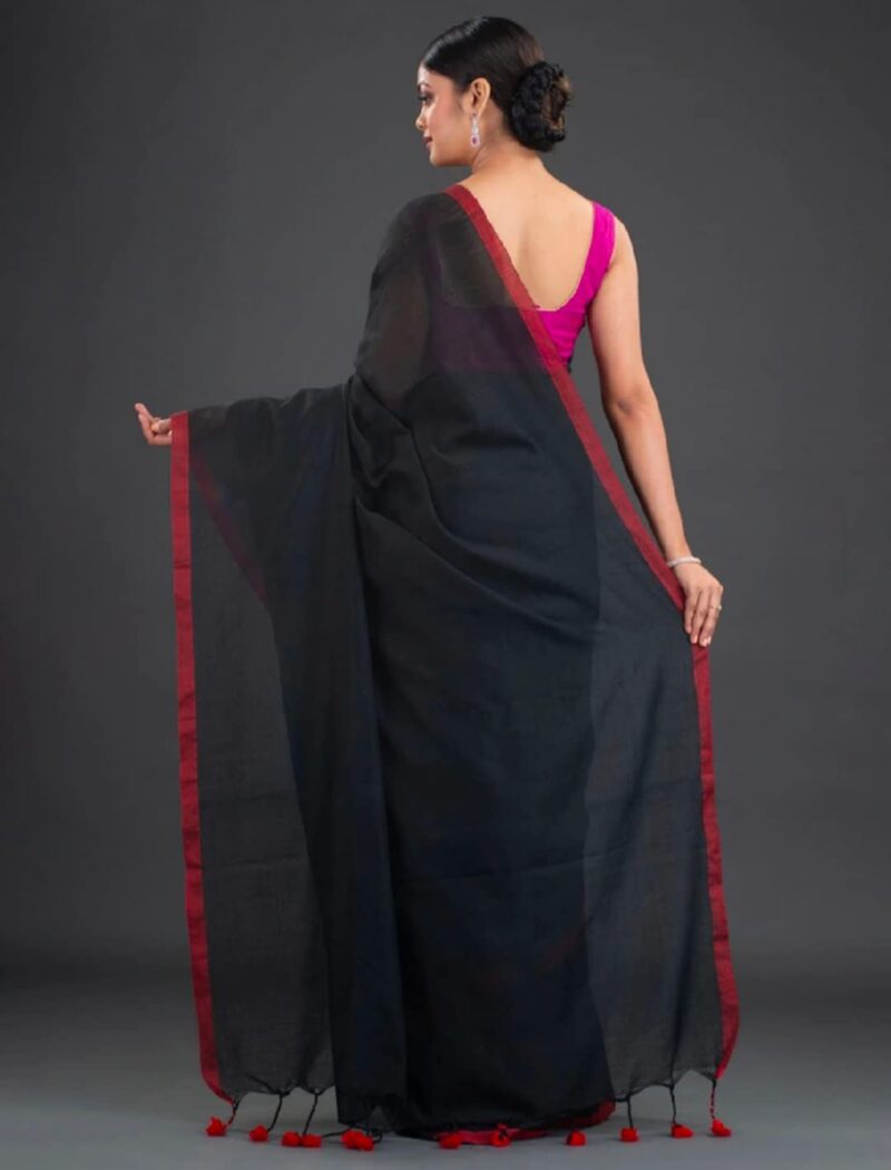 OISHANI SAREE GHOR Women's Traditional Bengal Cotton Handloom Black Saree, (OSG_Black_138) - Image 3