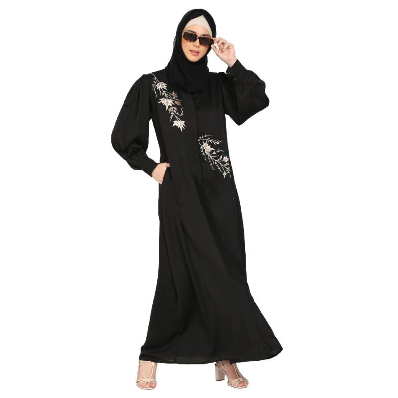 BT - Being Traditional Women’s Front Open Embroidery Abaya in Dubai Nida Fabric with Long Cuff Sleeves & Side Pocket (BT-EFOA-001) (L, Black) - Image 7