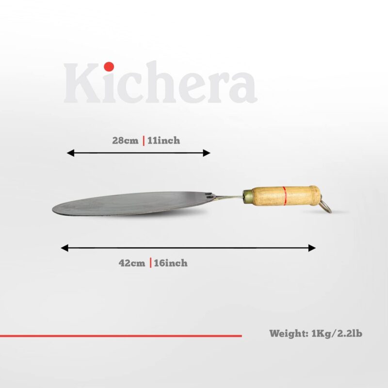 Kichera Traditional Iron Dosa Kal/Pure Iron Dosa Tawa with Wooden Handle 28cm/11 inch, 1kg | Gas Stove and Induction Friendly | Pre-Seasoned Black Flat Iron Tawa - Image 5