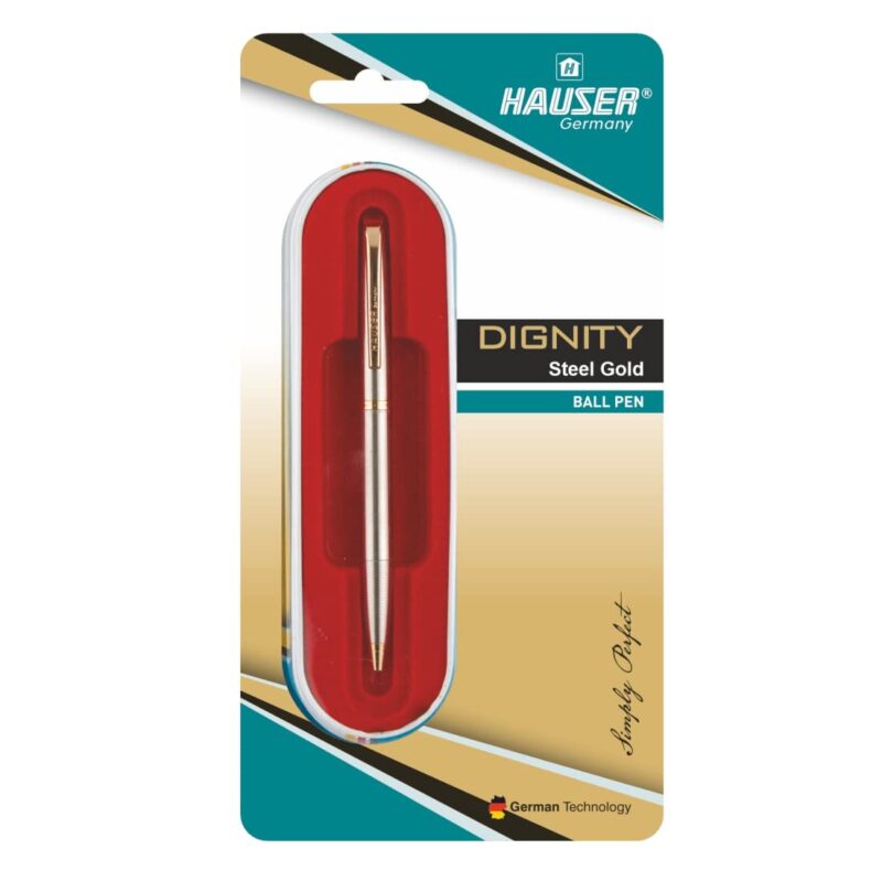 Hauser Dignity Steel Gold Ball Pen Blister Pack - Blue Ink, Pack Of 1