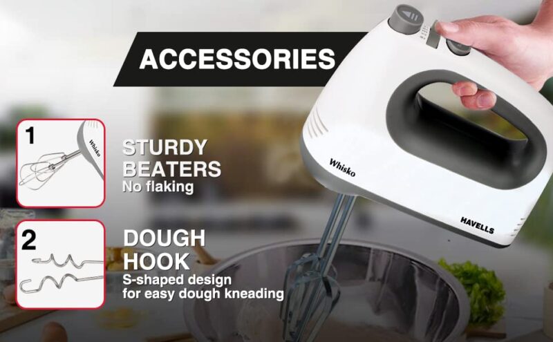 Havells Whisko 300 watt Hand Mixer with Single Eject Button, 5 Speed Turbo Function, Stainless Steel Hooks, 1.5m Long Cord, 1300 RPM & 2 Years Warranty (White Grey) - Image 3