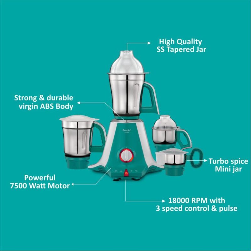 Preethi Aries Mixer Grinder for Kitchen | Vega W5 750 Watt Mixie,4 Jars | 5yr Motor Warranty & Lifelong Free Service | Green (MG 216) - Image 3