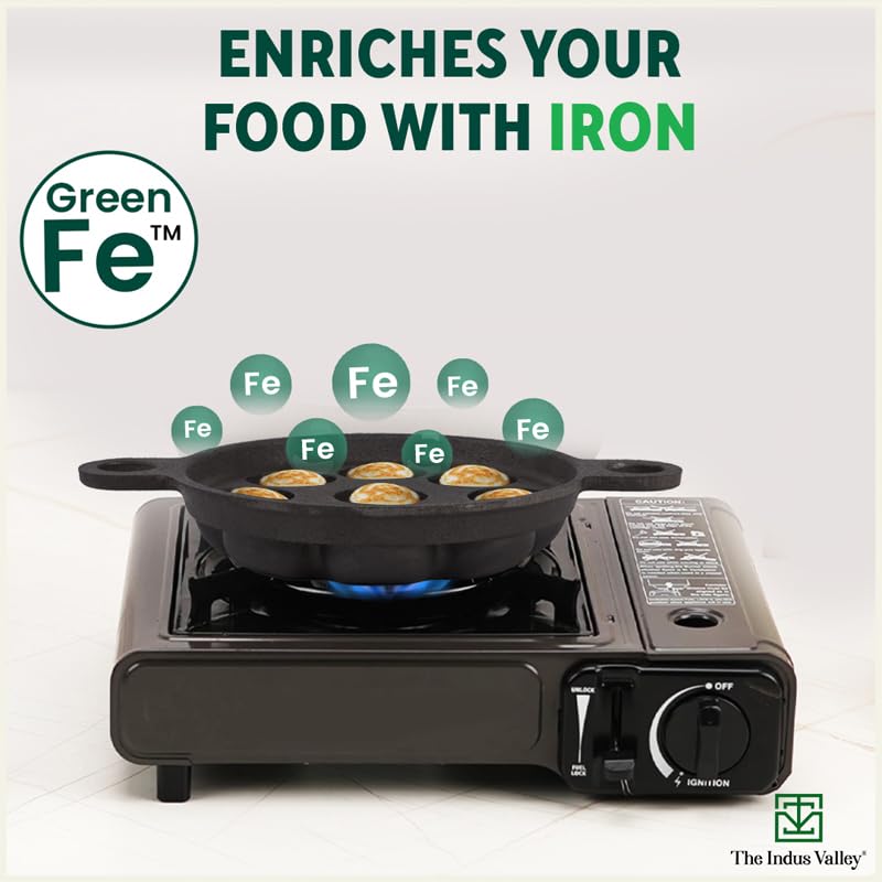 The Indus Valley Super Smooth Cast Iron Paniyaram Pan | Small, 9pit, 8.2 Inch/20.8cm, 2.7kg | Induction Friendly | Nonstick, Pre-Seasoned, 100% Pure & Toxin-Free, No Chemical Coating, Black - Image 6