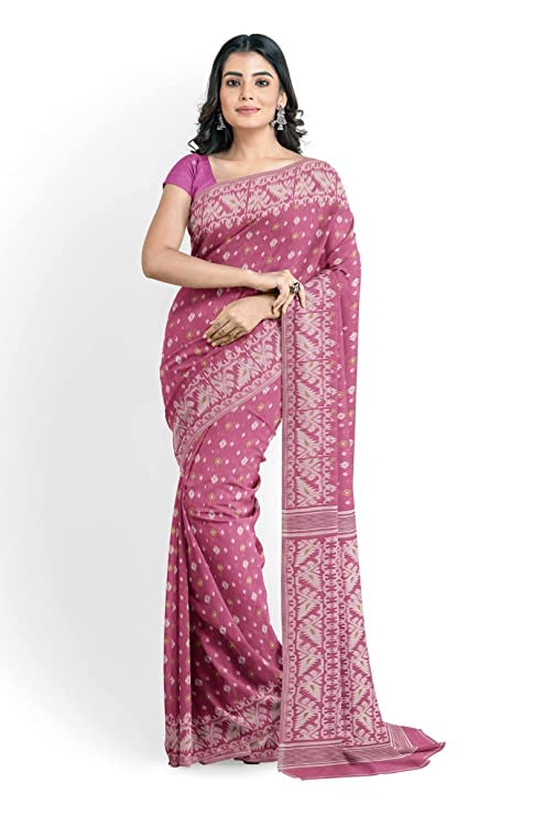 OISHANI SAREE GHOR Women's Traditional Bengal Cotton Silk Jamdani Saree (PINK) - Image 4