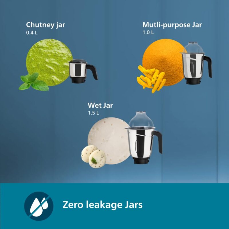 Philips HL7713/01,1000 W PowerPro Motor Mixer Grinder, 3 Jars (Azure Blue), Edged blade made of superior SS304 material, Quick cool ventilation for longer motor life - Image 2