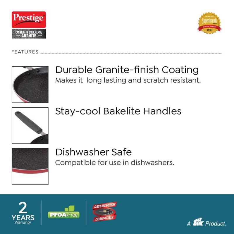 Prestige Omega Deluxe Granite Non-Stick Cookware 3 Pc Set| PFOA Free 5-Layer Coating | Omni Tawa 25 cm | Fry Pan 24 cm | Kadai with Glass Lid 24 cm | Crimson Red - Image 4