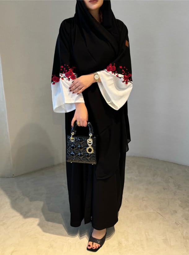 Women's Black Embroidered Burqa, Floral Design free size suitable up to 65kg body weight - Image 4