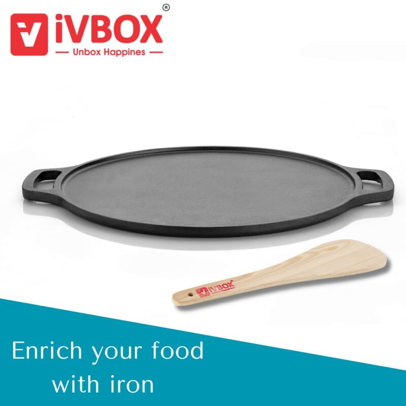 ivbox Vintage-DH 30cm Cast Iron Flat Tawa/Tava for Dosa/Roti/Chapati/Naan, Pre-Seasoned Cast Iron Cookware(Gas and Induction Compatible), 300mm, Black - Image 2