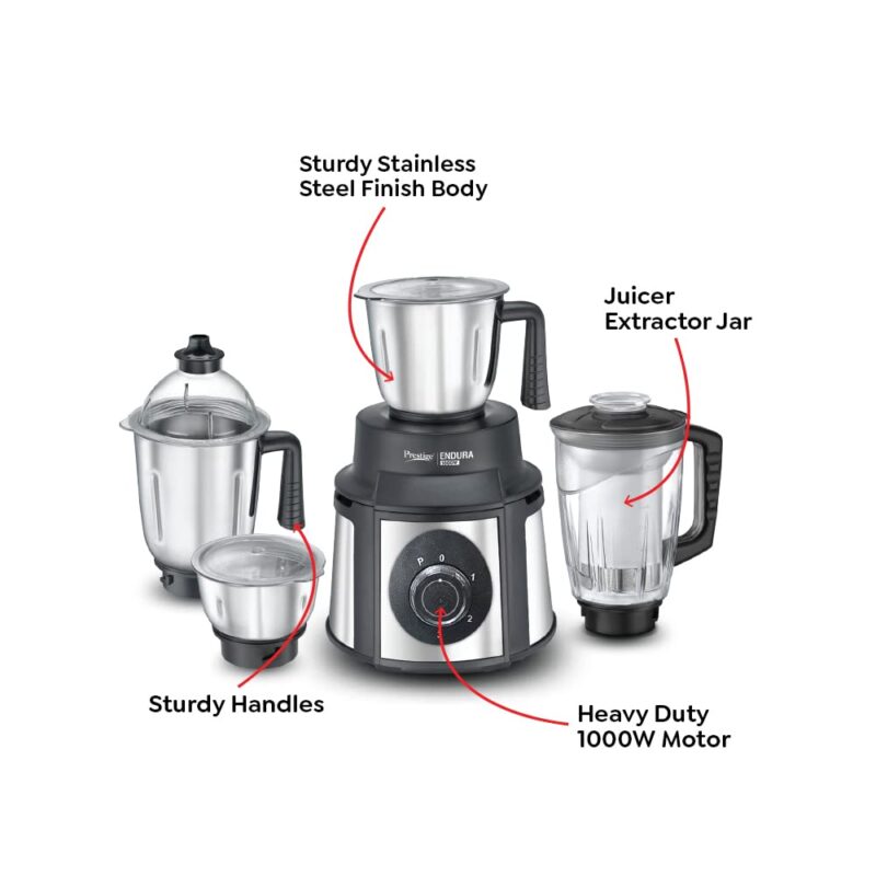 Prestige Endura 1000W Mixer Grinder with Ball Bearing Technology(Stainless Steel 4 Jars, Black & Silver) - Image 8