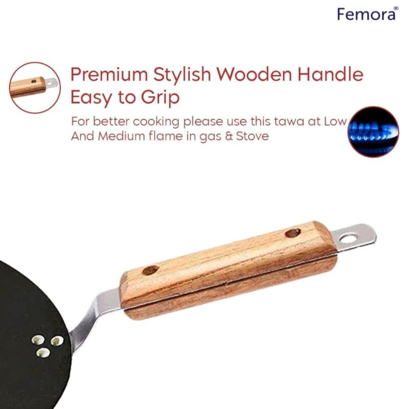 Femora 12 inchs Iron Flat Tawa with Wooden Handle, Tawa for Roti, Gas, Pack of 1. - Image 5