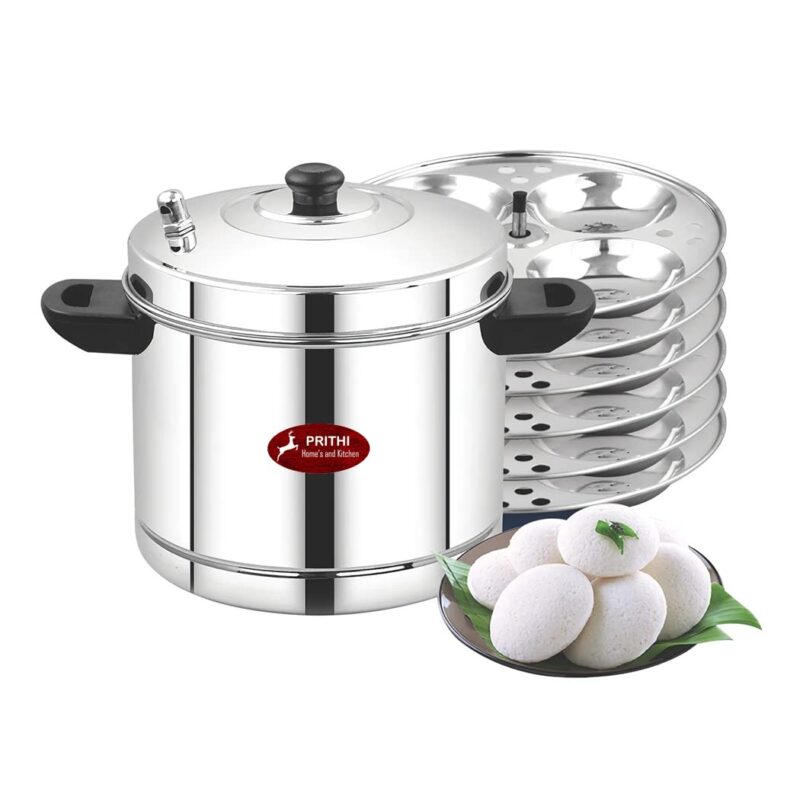 Prithi Home's and Kitchen Stainless Steel Deluxe Idli cooker Gas & Induction Compatible 6 Plate- 24 Idlies Idly cooker/Idly Maker (6 Plate - 24 Idlies)