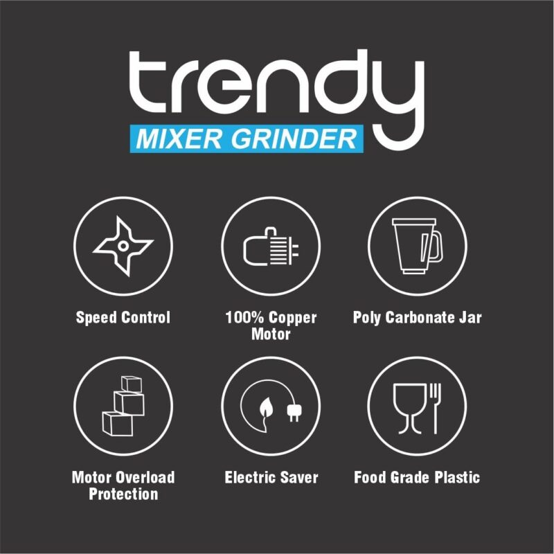 Pringle Trendy 3 Jar Mixer Grinder with 550W 100% Copper motor | 304 Grade Stainless Steel Blade| 24 month onsite warranty - Image 2
