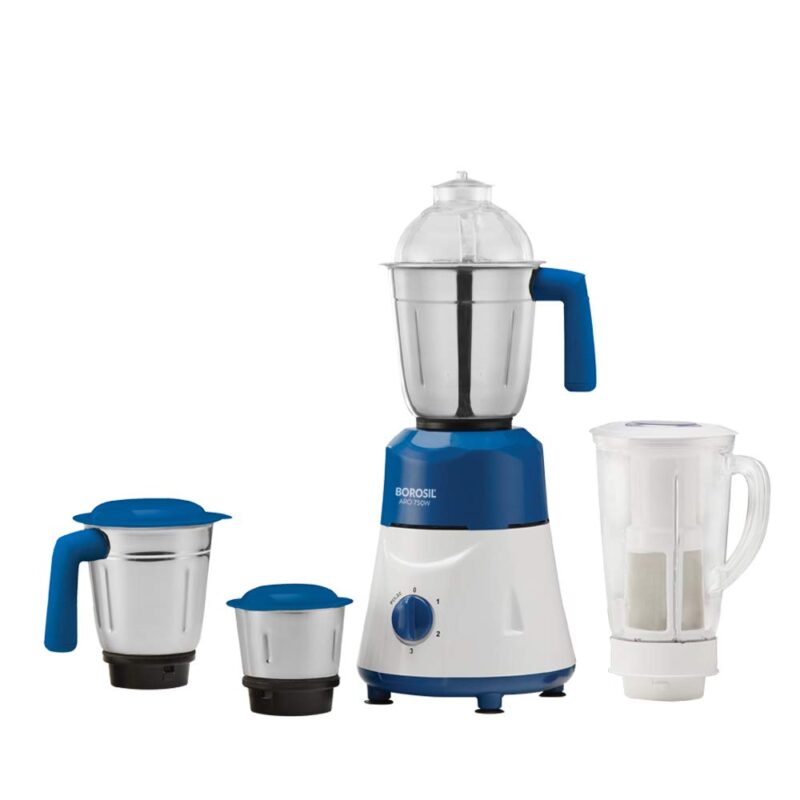 Borosil ARO Mixer Grinder, For Wet/Dry Mixing & Grinding, 750 Watts, 4 Jars, 3 Stainless Steel Jars(1.5 L Blending Jar, 1 L Dry/Wet Grinder, 400 ml Chutney Jar) + 1 PC Jar (1.5 L) with Fruit Filter for Blending & Juicing, Blue