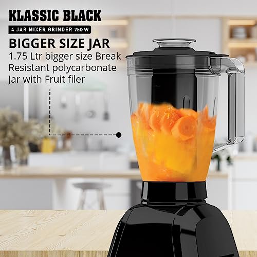 Havells Klassic 750 Watt 4 Jar Mixer Grinder, 21000 RPM Heavy Duty Universal Motor, 304 SS Blades, Large Size Break Resistant JarLids With Twist & Lock Mechanism- Black - Image 7