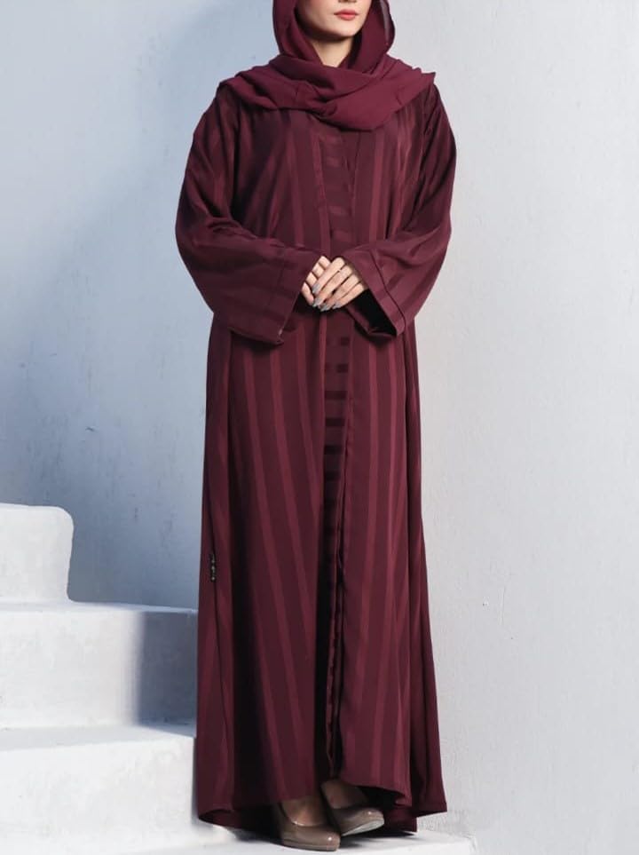 Musheco Latest Abaya In Premium Zoom Pro Fabric| Front Open with Wide Sleeves and Black Stole Hijab| Stylish Burqa for Women and Girls (COP-074-Maroon) (LARGE) - Image 2