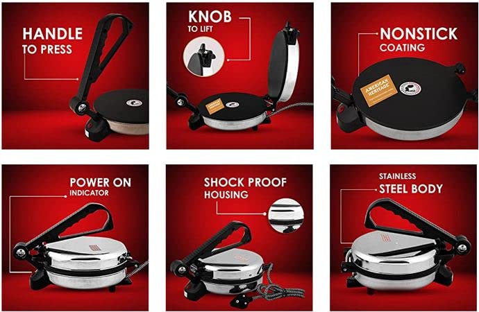 BAJAJ VACCO Go-Ezzee Chapati/Roti/Khakhra Maker C-02 Wattage 900, Stainless Steel, Black, 900w - Image 7