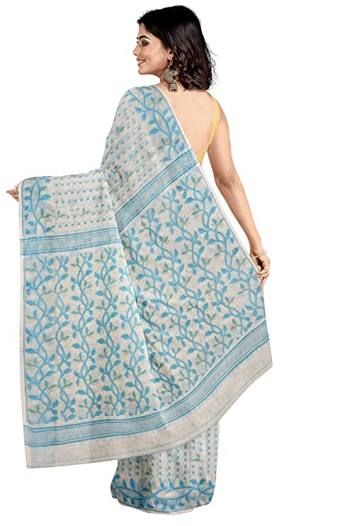 OISHANI SAREE GHOR Women's Traditional Bengal Cotton Silk Belpata Jamdani Saree (White SkyBlue) - Image 4