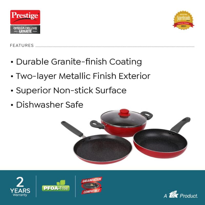 Prestige Omega Deluxe Granite Non-Stick Cookware 3 Pc Set| PFOA Free 5-Layer Coating | Omni Tawa 25 cm | Fry Pan 24 cm | Kadai with Glass Lid 24 cm | Crimson Red - Image 3