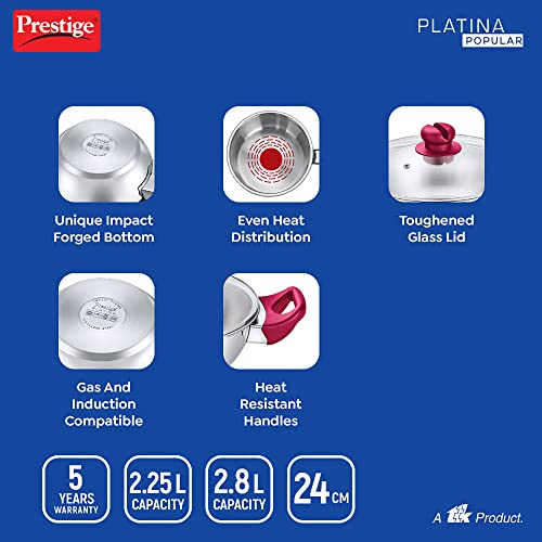 Prestige Stainless Steel Platina Popular Gas Compatible Fry Pan, 24 Cm (2.25 L) + Platina Popular Kadai with Glass Lid, 24 Cm (2.8 L) Kitchen Set - Image 4
