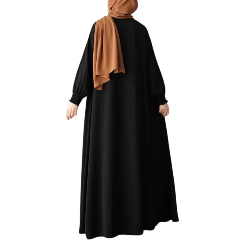 Bashariya Front Open Zipper Abaya n Firdaus Fabric |Smocking Sleeves |Fabric Belt| and Complimentary Hijab (XXL, Black) - Image 2