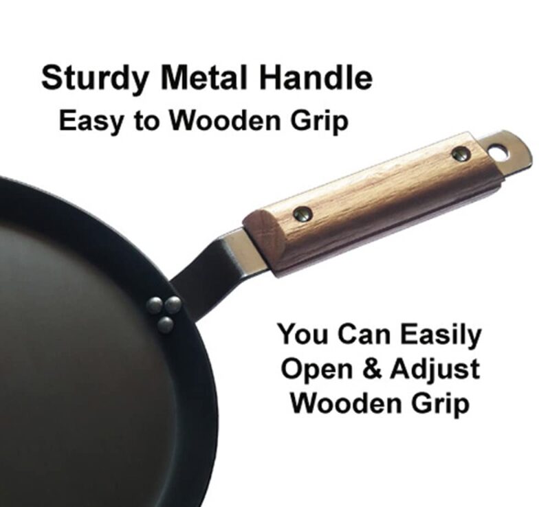 amicus Kitchen Premium Iron Tawa for Dosa Roti Chapati, Flat Iron Tava with Wooden Handle, Induction Friendly,10 Inch,1.2 Kg, Black - Image 4