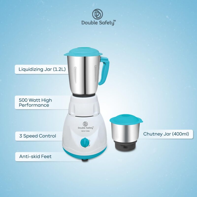 Double safety New York Mixer Grinder 500 watts | Chutney Jar and Liquidizing jar to make chutneys, Milkshake, Smoothies, Puree | High Speed | Superior Mixi for Kitchen | Stainless Steel Jars - Image 7