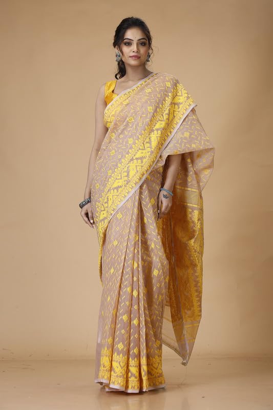 Oishani Saree Ghor Women's Traditional Bengal Cotton & Silk Soft Jamdani Saree - Beautiful Bokul Design Work - 5.5 metres Saree Without Blouse Piece_Pewater - Image 4