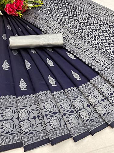 Women's Navy Silk Saree Indian And Pakistani Festival Sari With Blouse Material (NES8194 Navy 3) - Image 2