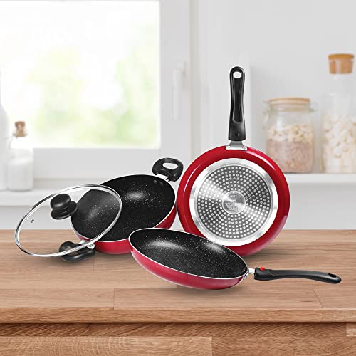 Milton Pro Cook Kitchen Jewel Set of 3 (Fry pan 24 cm/1.6 litres; Kadhai 24 cm/2.5 litres with Glass lid & Tawa 25 cm), Maroon | Induction Safe | Dishwasher Safe | Hot Plate | Flame Safe | Non-Stick - Image 2