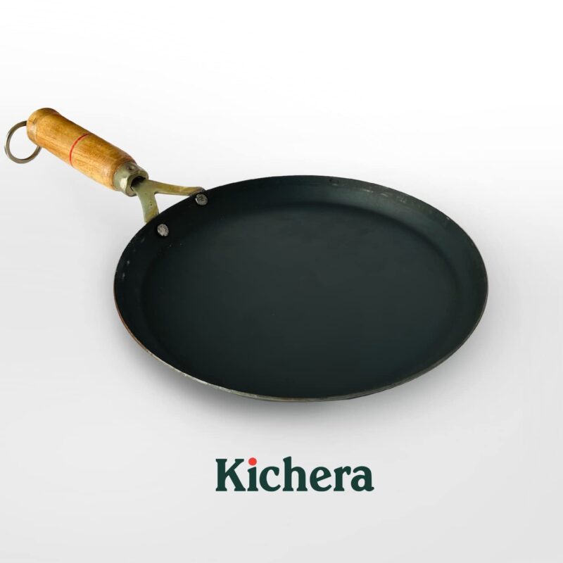 Kichera Pure Iron Fish Fry Pan with Wooden Handle |Omlette Pan 23.5cm/10 inch, 0.8kg | Gas Stove and Induction Friendly | Pre-Seasoned Black Flat Sheet Metal Iron Tawa - Image 4