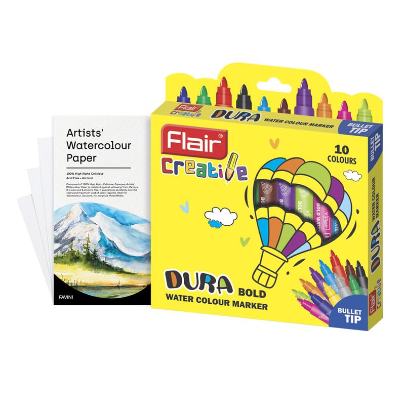 Flair Creative Dura Bold Water Color Pen With 6x6 Watercolor Paper Combo Pack Bianco,White