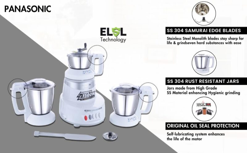 Panasonic Mixer Grinder MX-AV325 (Marble Silver) | Elements Series Powerful 1500 MMLW (Max Motor Lock Wattage) | With 3 Stainless Steel Jar (304 Grade SS) |Warranty 2 Years Product & 5 Years On Motor - Image 3