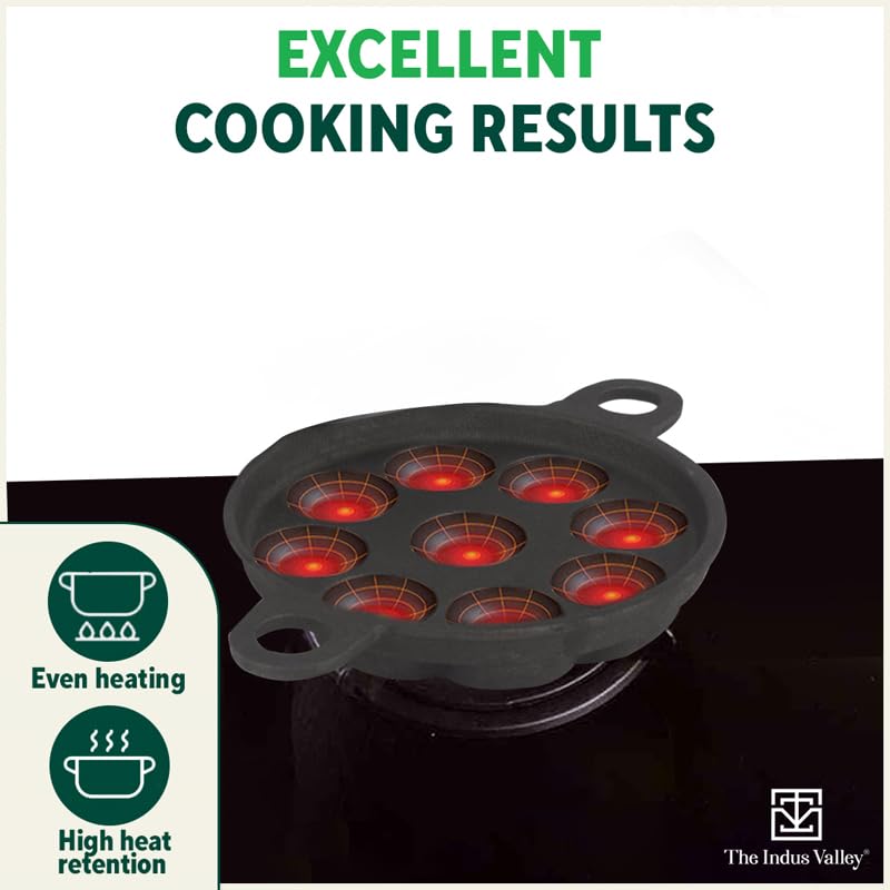 The Indus Valley Super Smooth Cast Iron Paniyaram Pan | Small, 9pit, 8.2 Inch/20.8cm, 2.7kg | Induction Friendly | Nonstick, Pre-Seasoned, 100% Pure & Toxin-Free, No Chemical Coating, Black - Image 5
