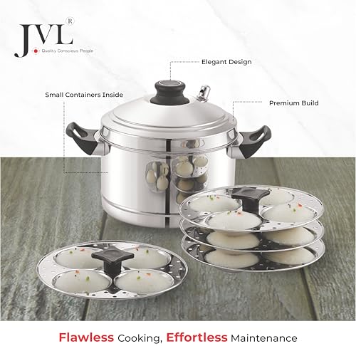 JVL Stainless Steel Idli Cooker Gas & Induction Compatible Idly, Dhoklas, Idiyappam, Momo Steamer (Stainless Steel, 4 Plates) - Image 6