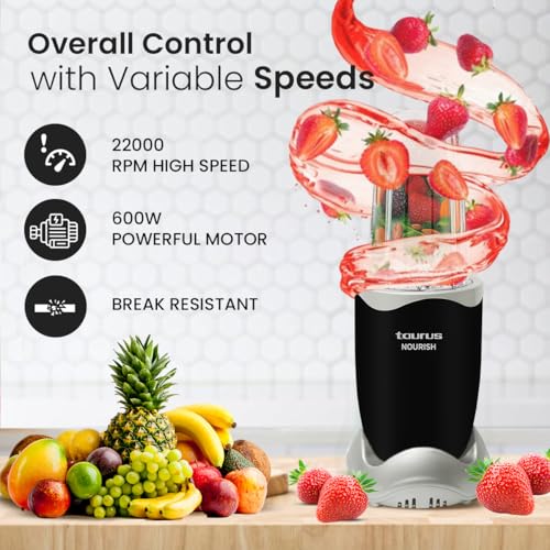 Taurus Nourish Mixer Grinder|5 Jar&2 Storage Jar For Smothies,Coffee,Dry fruits & Wet Grinding|600 W,Copper Motor|3 Blades Including Froth Blade with 2 Sipper & 1 Seasoning Cap|2 Yr Warranty - Image 4