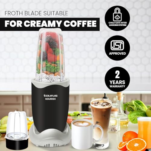 Taurus Nourish Mixer Grinder|5 Jar&2 Storage Jar For Smothies,Coffee,Dry fruits & Wet Grinding|600 W,Copper Motor|3 Blades Including Froth Blade with 2 Sipper & 1 Seasoning Cap|2 Yr Warranty - Image 5