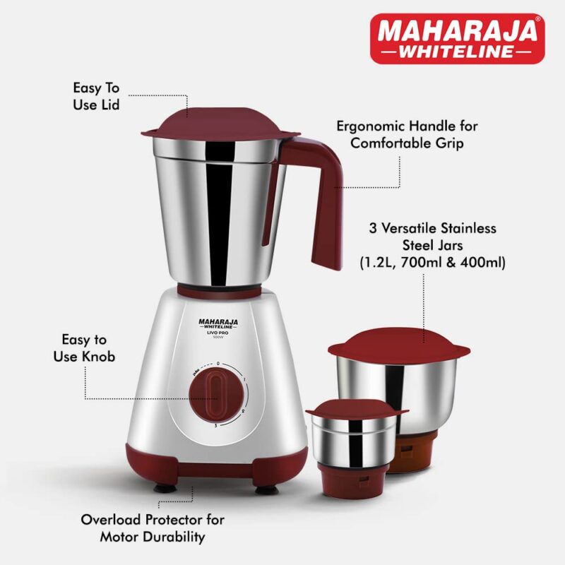 Maharaja Whiteline 500W Livo Pro Mixer Grinder with 3 Stainless Steel Jars with lid and 20,000 RPM Motor Speed (White & Cherry Red) - Image 3