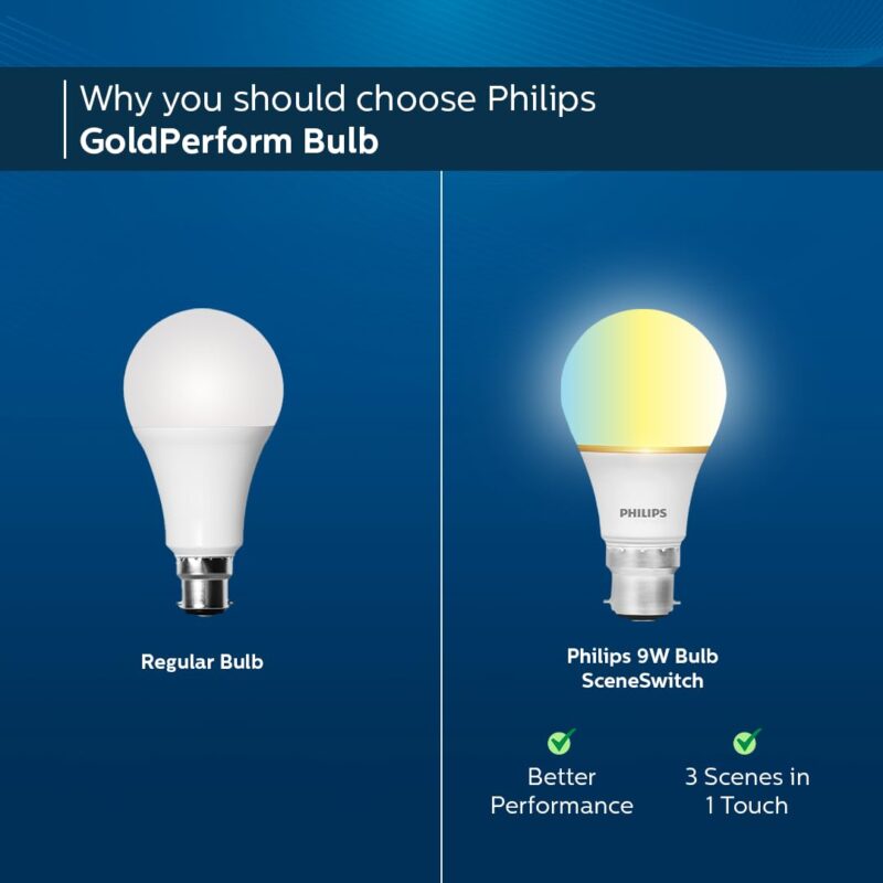 PHILIPS 9W B22 LED Bulb | 3 Colors in 1 LED Bulb | Scene Switch Bulb for Home & Decoration | Color: Tunable White | Pack of 2 | Gold Perform Series - Image 4