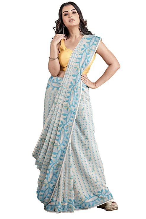 OISHANI SAREE GHOR Women's Traditional Bengal Cotton Silk Belpata Jamdani Saree (White SkyBlue) - Image 2