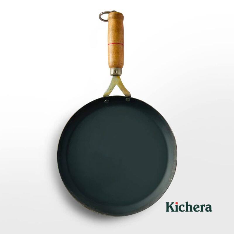 Kichera Pure Iron Fish Fry Pan with Wooden Handle |Omlette Pan 23.5cm/10 inch, 0.8kg | Gas Stove and Induction Friendly | Pre-Seasoned Black Flat Sheet Metal Iron Tawa - Image 2