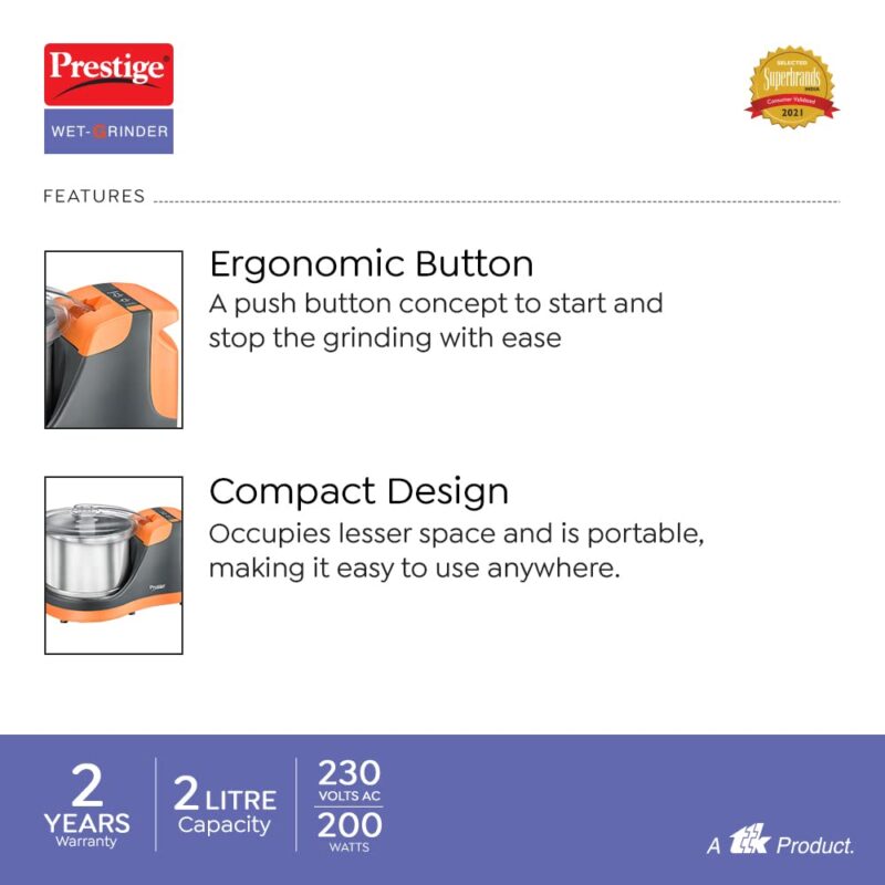 Prestige PWG 10 Wet Grinder with 200 Watts Motor, Multi Color - Image 6