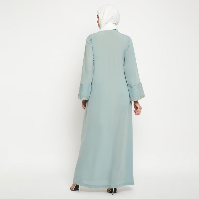 Nabia Embroidery Work Solid Women Sea Green Abaya Burqa With Side Pockets - Image 6