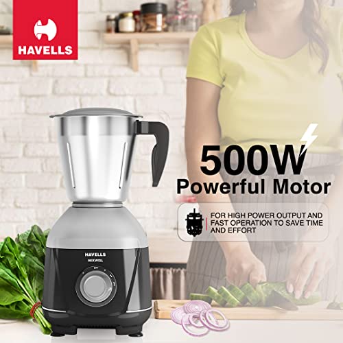 Havells MIXWELL 500 W 3 Jar Mixer Grinder, 304 SS Blades I High Speed 21000 RPM Motor, Heavy and Wider mouth SS Jars, All Jars with Handle (Black and Grey) - Image 9